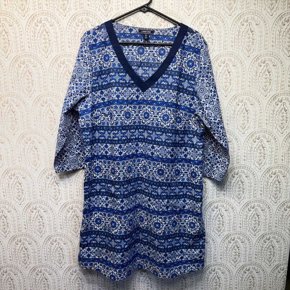Lands End Tunic Dress‎ Womens XL Blue Tile Print V-Neck Cotton 3/4 Sleeve Shift
